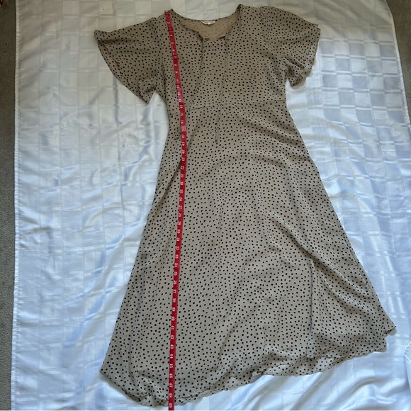 Roolee Tan Polka Dot Feminine A-line Flutter Sleeve Maxi Dress - Picture 7 of 14